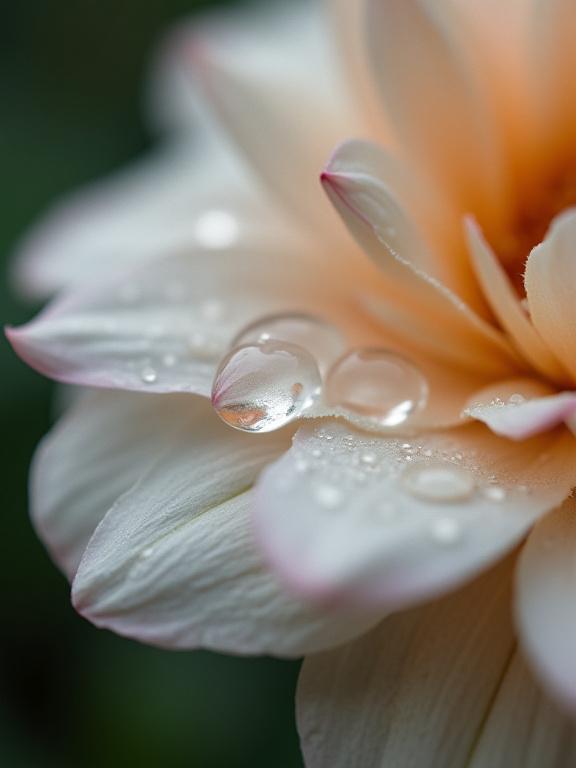 花びらの上の水滴のクローズアップ写真。わびさびの美学を表現。