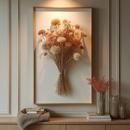壁に飾られた美しいドライフラワーのアート作品。